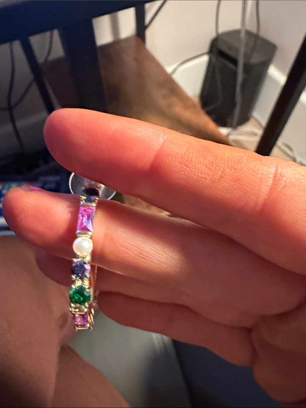 Gold Tone Multicolor Stone & Pearl Hoop Earrings - Picture 2 of 5